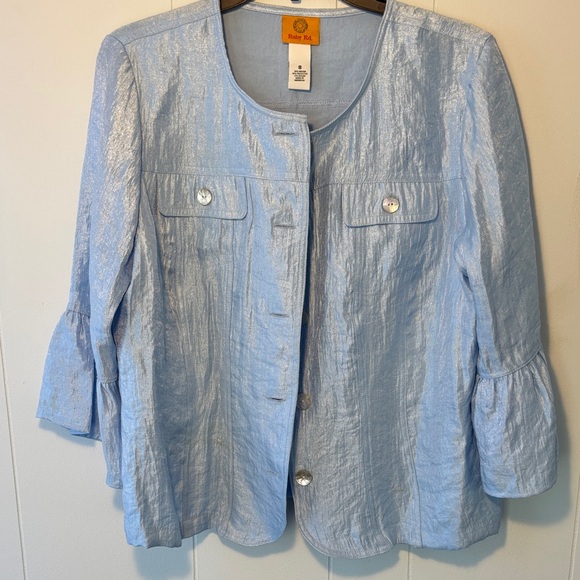 Ruby Rd. Light Blue Shimmer Button-Front Jacket - Picture 1 of 5